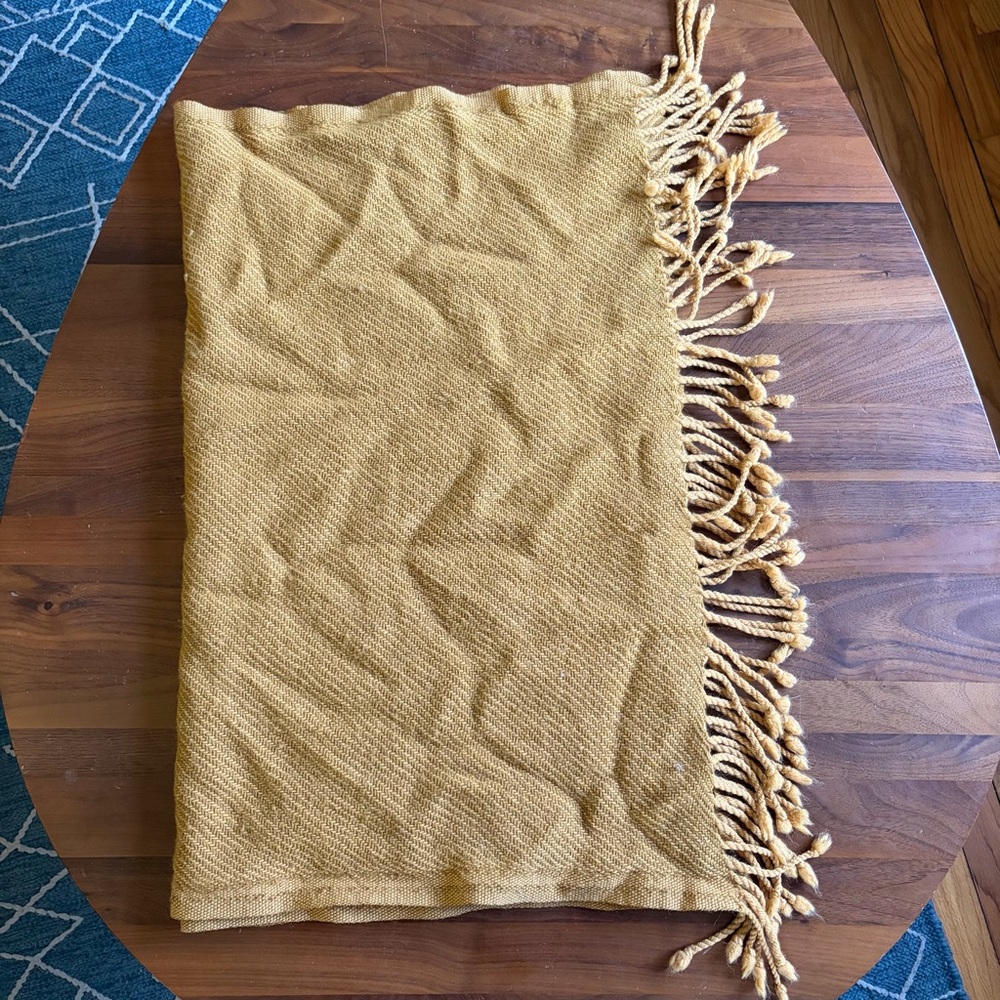 IKEA OMTÄNKSAM Woven 100% Wool Fringe Throw Blanket, Mustard Yellow